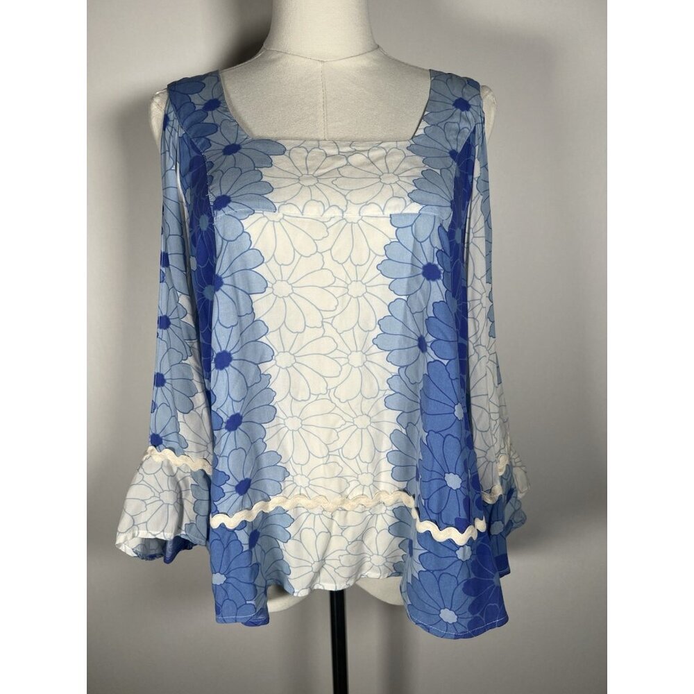 Vintage FARM cold shoulder periwinkle floral ruffle flowy blouse S bohemian
